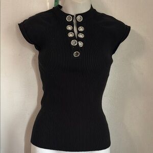 Black Fitted Ribbed Blouse with Mandarin Collar